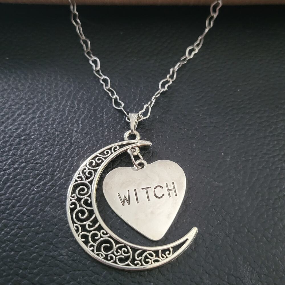 Witchy filigree crescent moon and heart necklace with heart link chain
